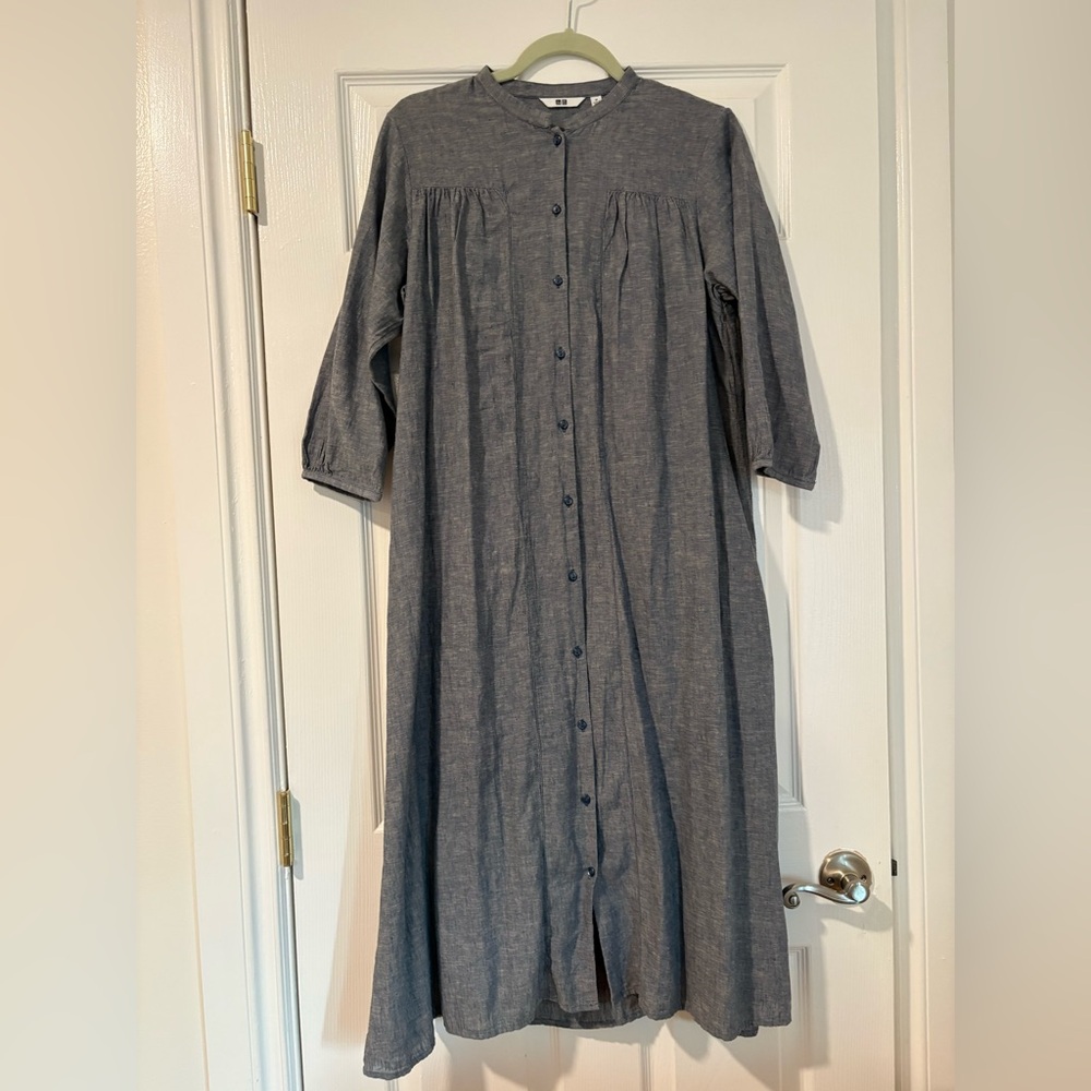 Uniqlo Blue Linen Cotton Button Front Midi Dress Size Medium NWT